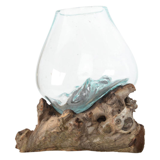 Large Molten Glass Bowl With Natural Wood - 001