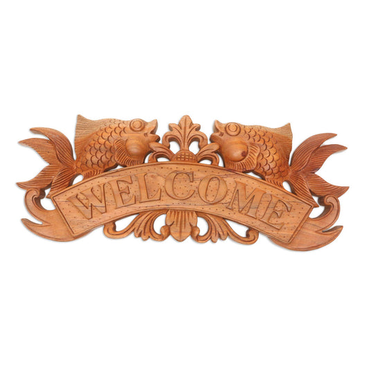 Welcome Fish Wood Wall Sign Handmade