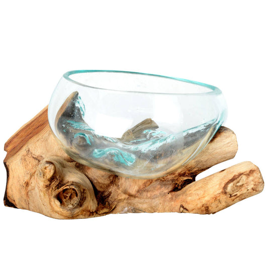 Small Molten Glass Bowl With Natural Wood - 001