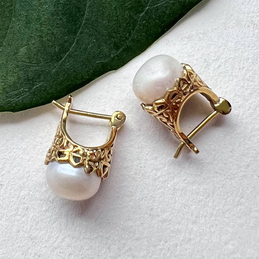Filigree Pearl Earrings - Brass