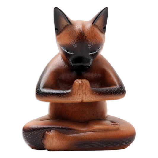 Devout Feline Wood Statuette Handmade